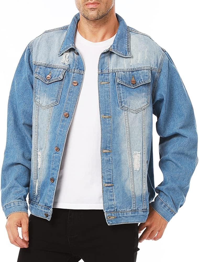 LONGBIDA Men’s Jean Jacket Ripped Distressed Denim Trucker Coat with Holes