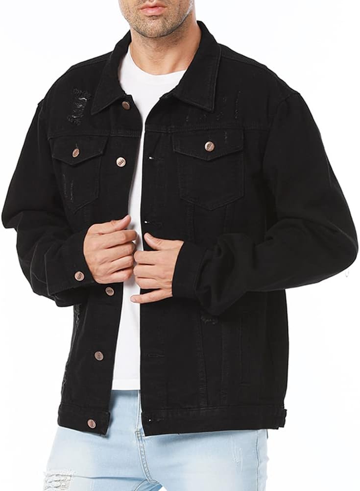 LONGBIDA Men’s Jean Jacket Ripped Distressed Denim Trucker Coat with Holes