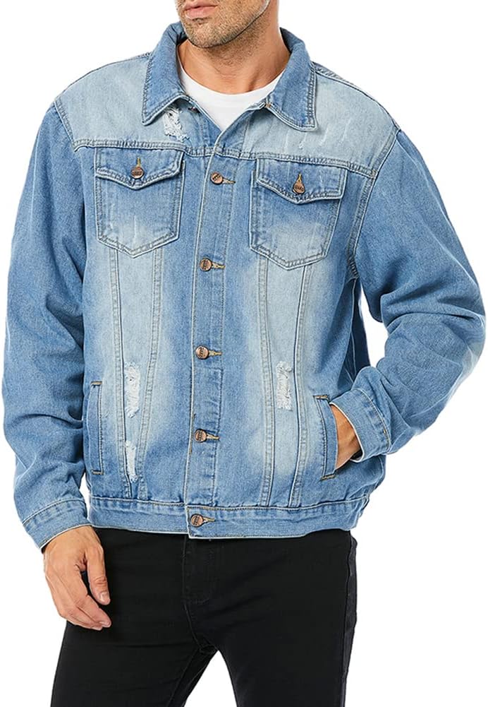 LONGBIDA Men’s Jean Jacket Ripped Distressed Denim Trucker Coat with Holes