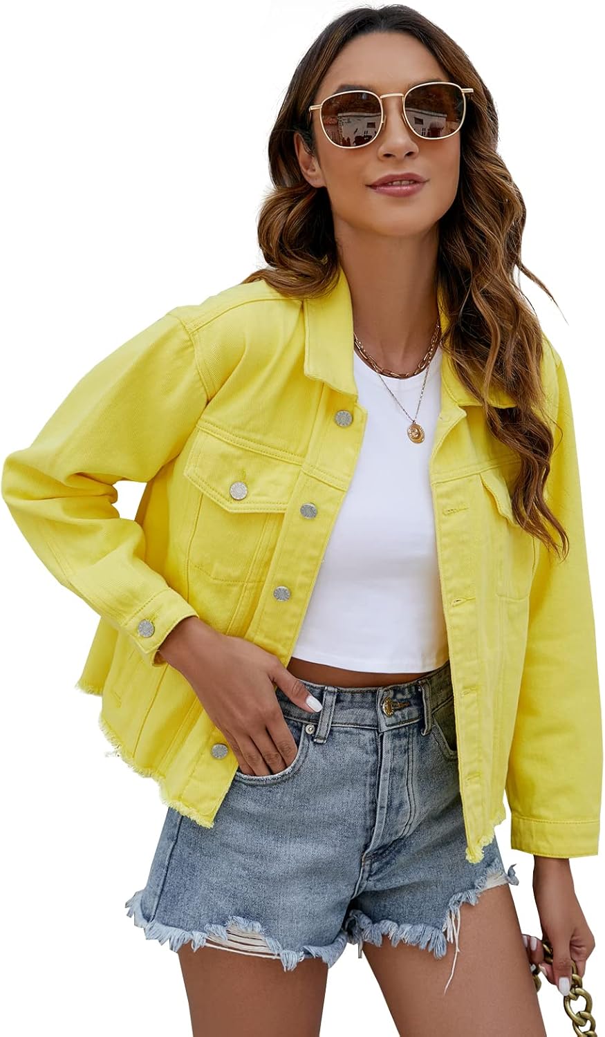 LONGBIDA Women’s Jean Jacket Frayed Washed Button Up Cropped Denim Jacket With Pockets