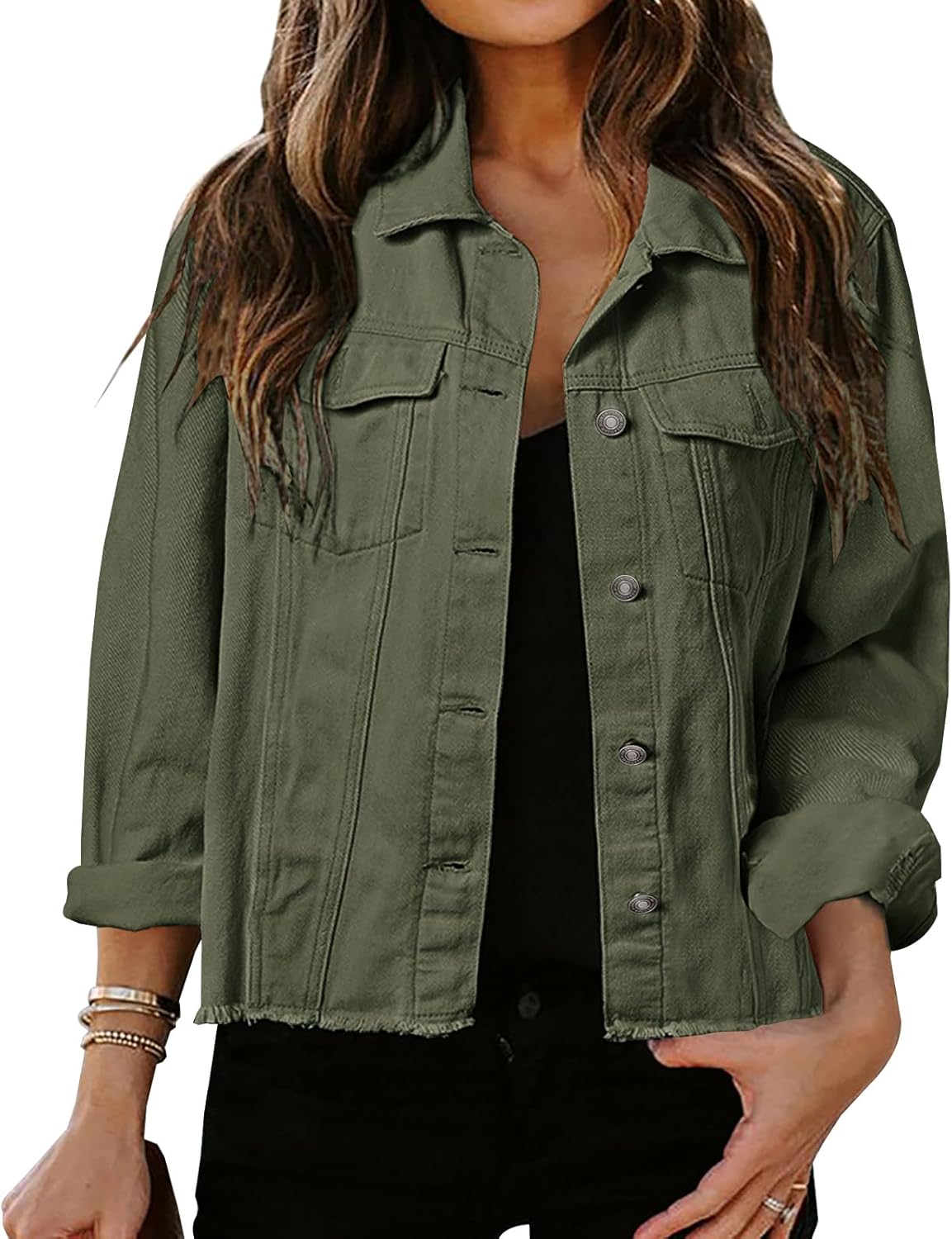 LONGBIDA Women’s Jean Jacket Frayed Washed Button Up Cropped Denim Jacket With Pockets
