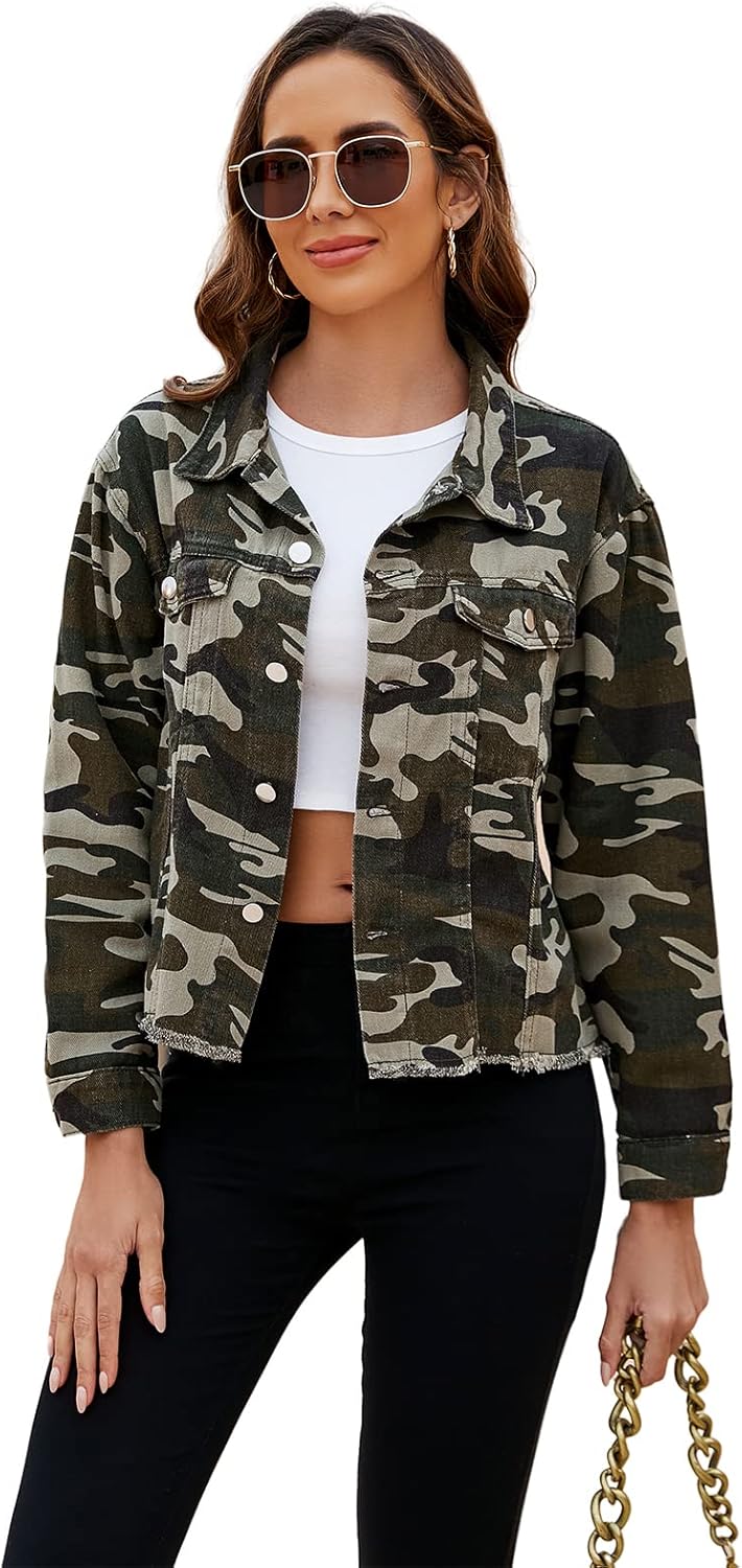 LONGBIDA Women’s Jean Jacket Frayed Washed Button Up Cropped Denim Jacket With Pockets