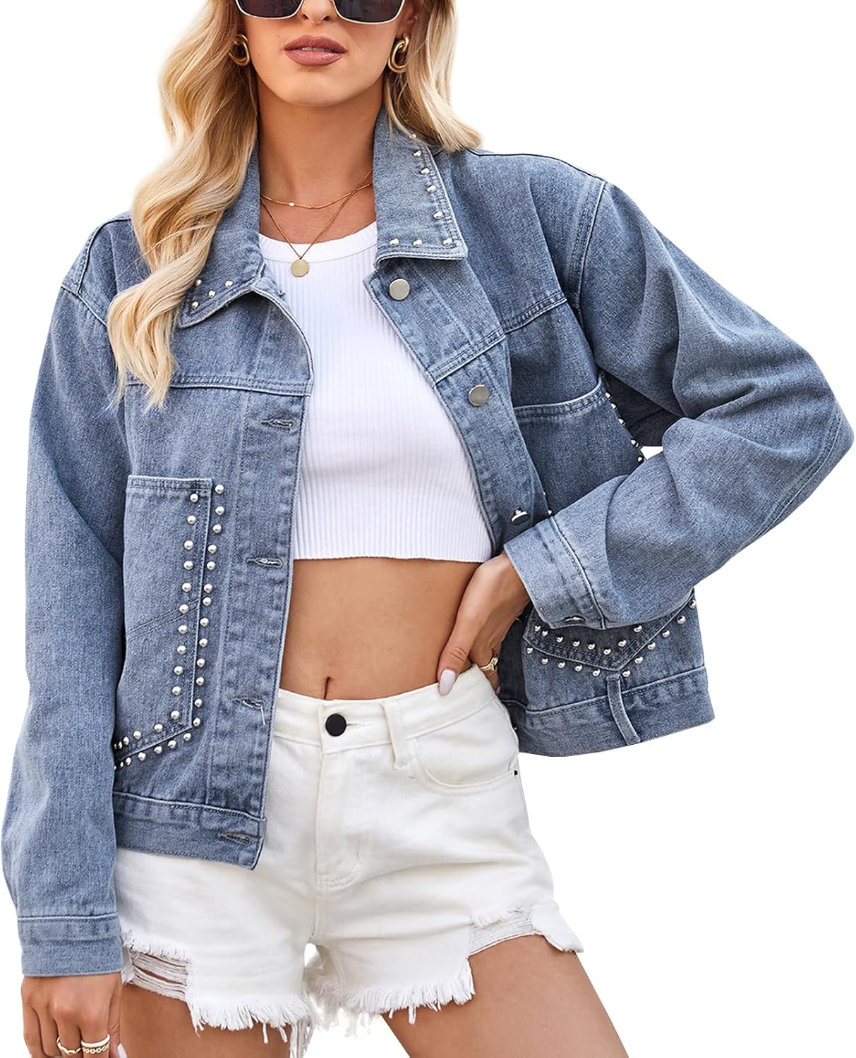 LONGBIDA Women’s Jean Jacket Frayed Washed Button Up Cropped Denim Jacket With Pockets