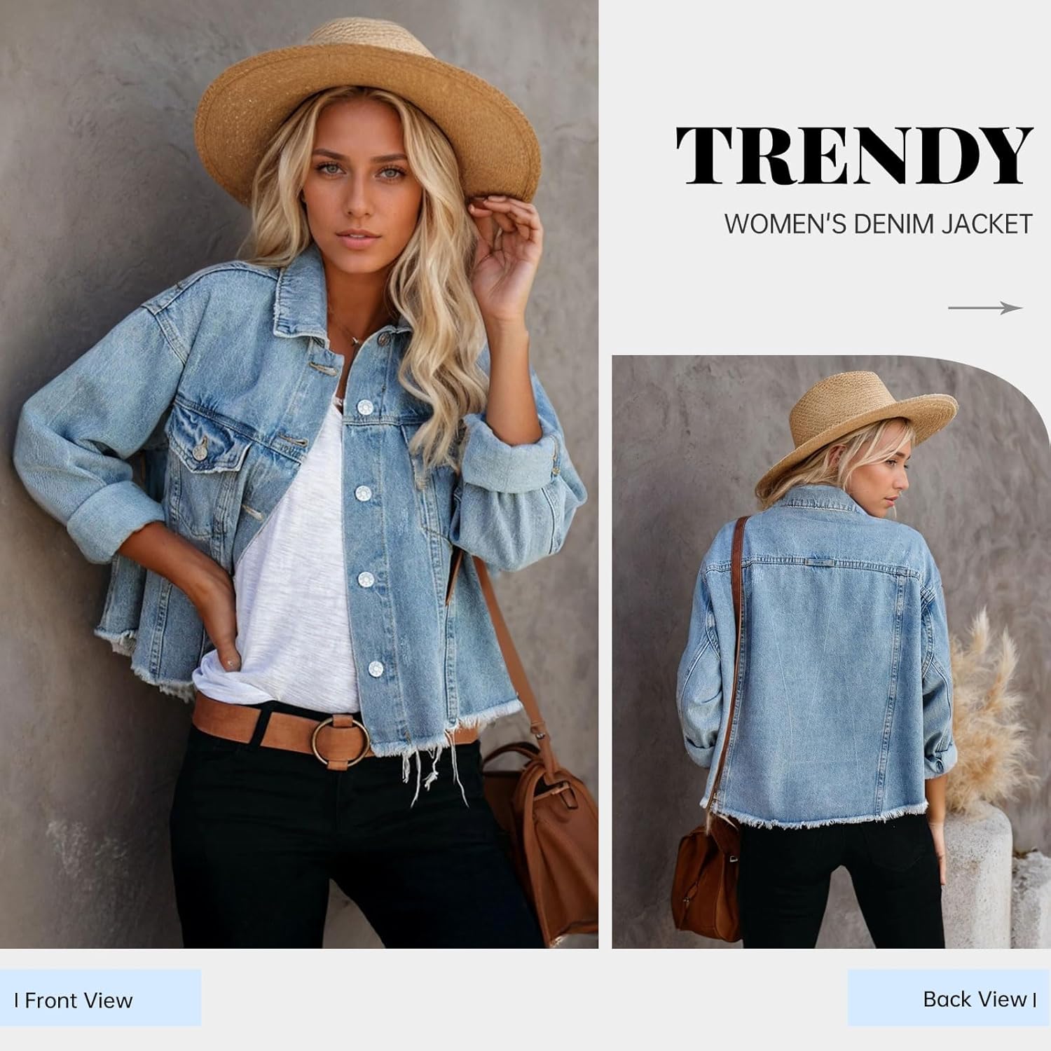 LONGBIDA Women’s Jean Jacket Frayed Washed Button Up Cropped Denim Jacket With Pockets