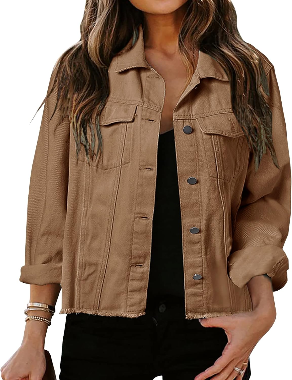 LONGBIDA Women’s Jean Jacket Frayed Washed Button Up Cropped Denim Jacket With Pockets