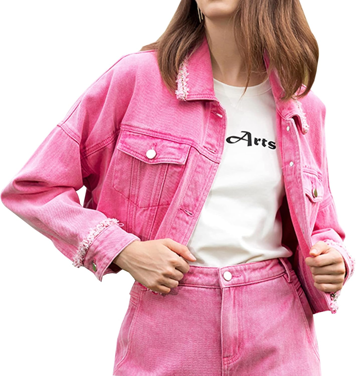 LONGBIDA Women’s Jean Jacket Frayed Washed Button Up Cropped Denim Jacket With Pockets