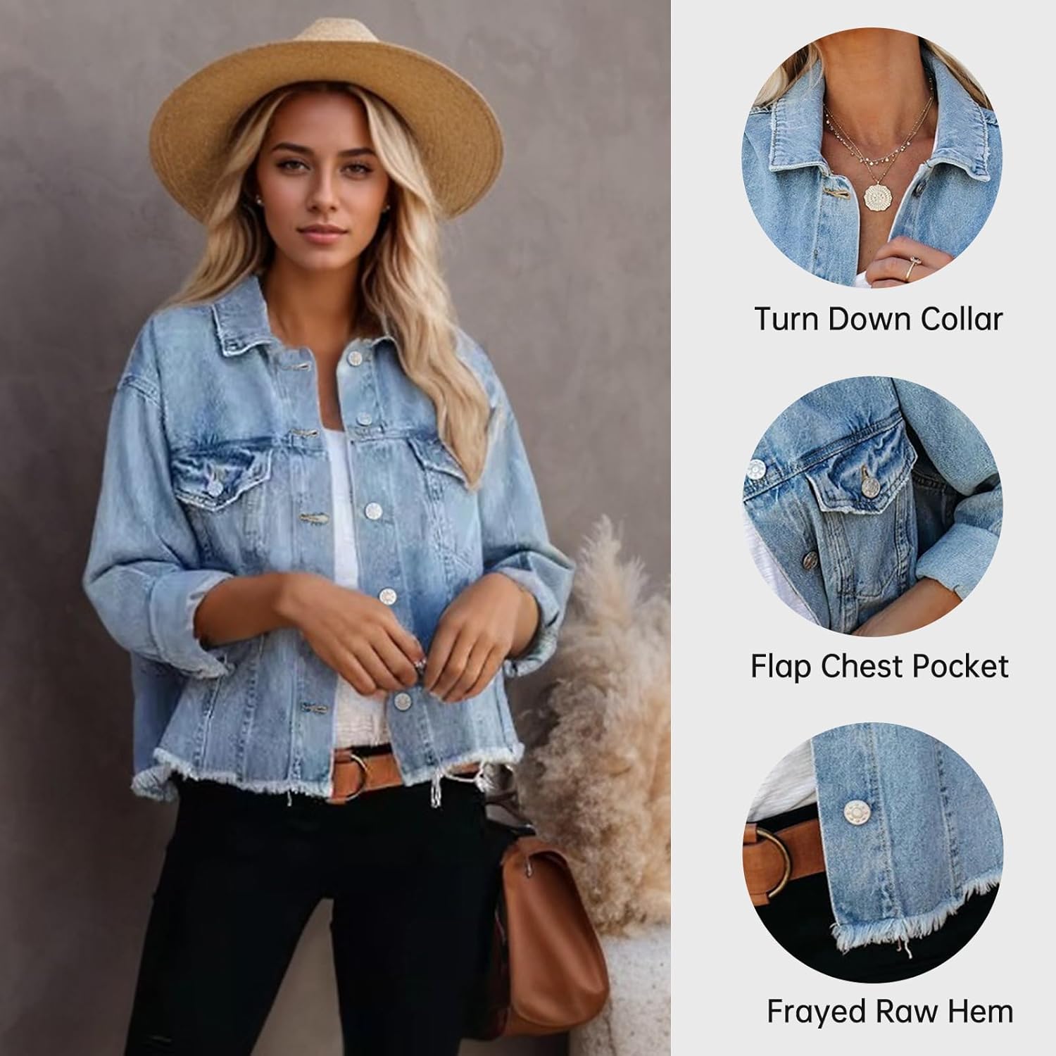 LONGBIDA Women’s Jean Jacket Frayed Washed Button Up Cropped Denim Jacket With Pockets