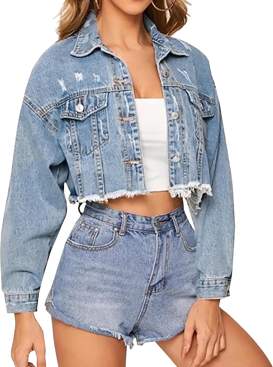 LONGYIDA Women’s Cropped Denim Jacket | Distressed Button-Down Jean Jacket | Long Sleeve Ripped & Frayed Blue Coat