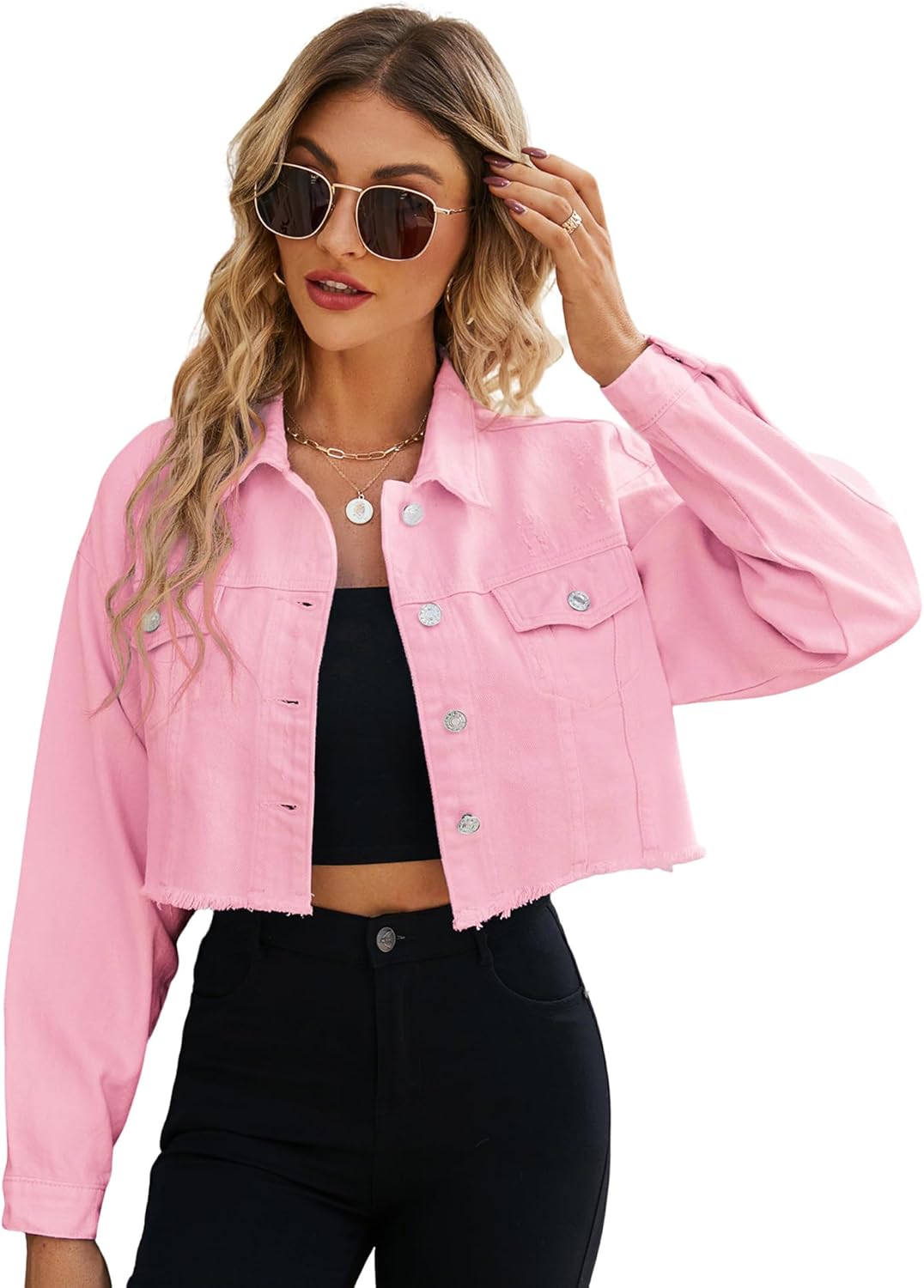 LONGYIDA Women’s Cropped Denim Jacket | Distressed Button-Down Jean Jacket | Long Sleeve Ripped & Frayed Blue Coat