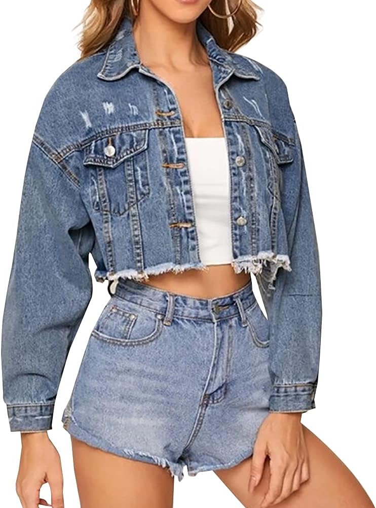 LONGYIDA Women’s Cropped Denim Jacket | Distressed Button-Down Jean Jacket | Long Sleeve Ripped & Frayed Blue Coat