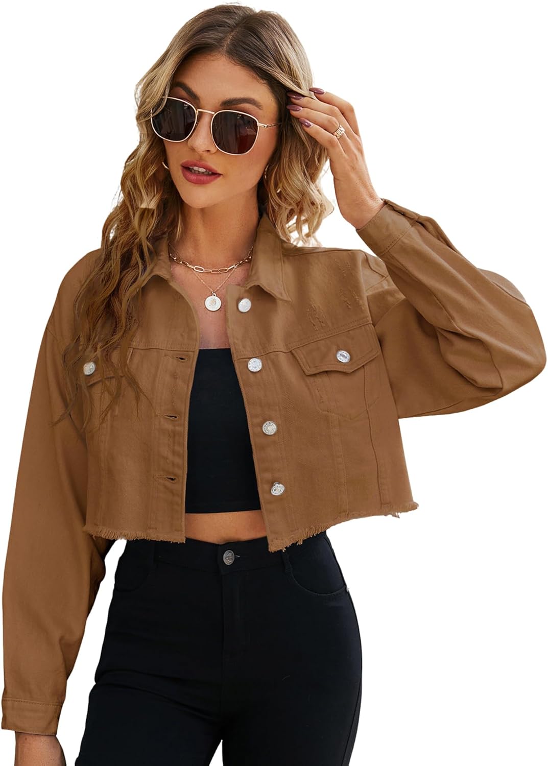 LONGYIDA Women’s Cropped Denim Jacket | Distressed Button-Down Jean Jacket | Long Sleeve Ripped & Frayed Blue Coat