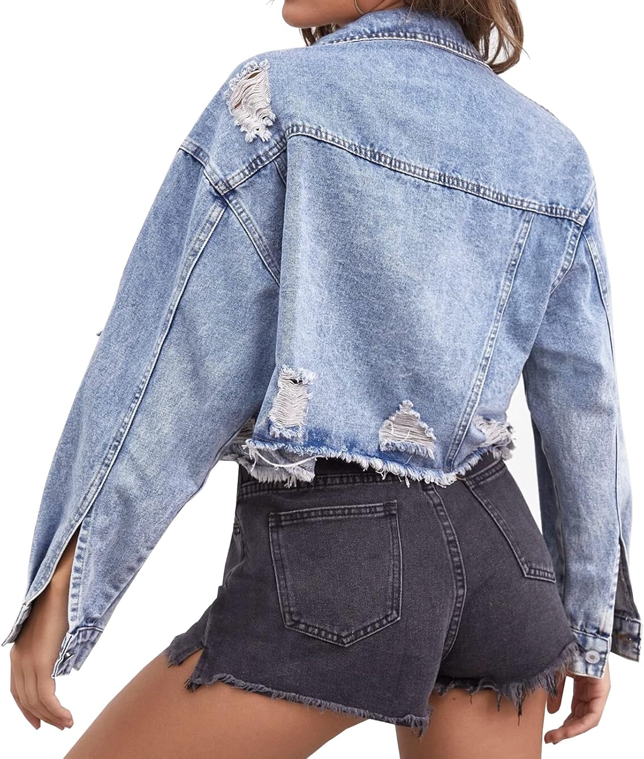 LONGYIDA Women’s Cropped Denim Jacket | Distressed Button-Down Jean Jacket | Long Sleeve Ripped & Frayed Blue Coat