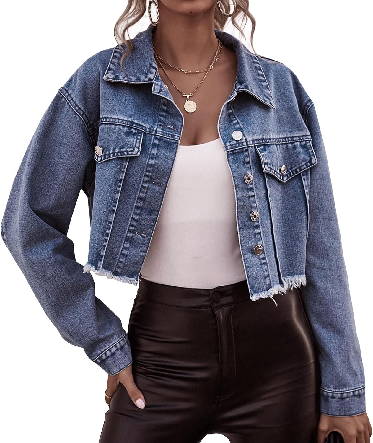 LONGYIDA Women’s Cropped Denim Jacket | Distressed Button-Down Jean Jacket | Long Sleeve Ripped & Frayed Blue Coat