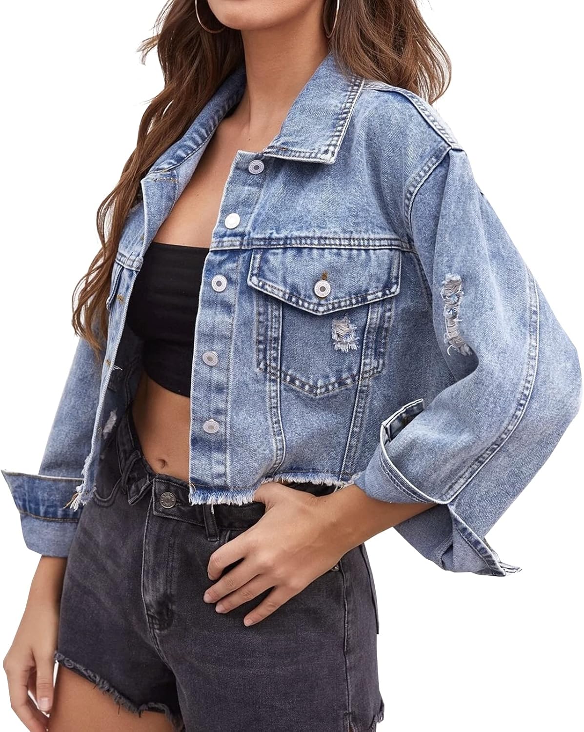 LONGYIDA Women’s Cropped Denim Jacket | Distressed Button-Down Jean Jacket | Long Sleeve Ripped & Frayed Blue Coat