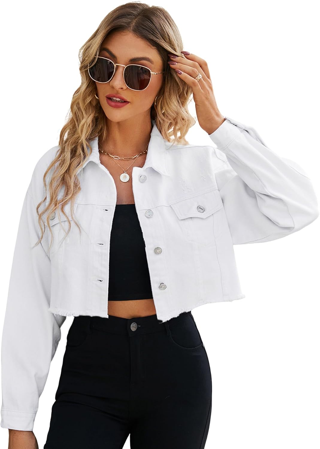 LONGYIDA Women’s Cropped Denim Jacket | Distressed Button-Down Jean Jacket | Long Sleeve Ripped & Frayed Blue Coat