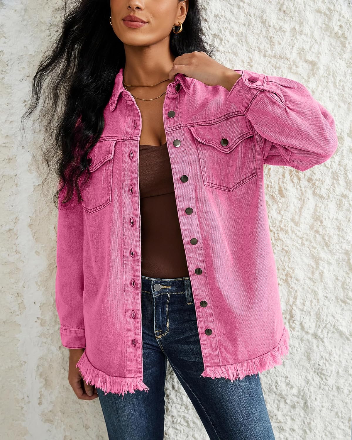 LookbookStore Jean Jacket Women Trendy Oversized Button Down Long Sleeve Frayed Hem Denim Shirt Jackets Distress Shacket
