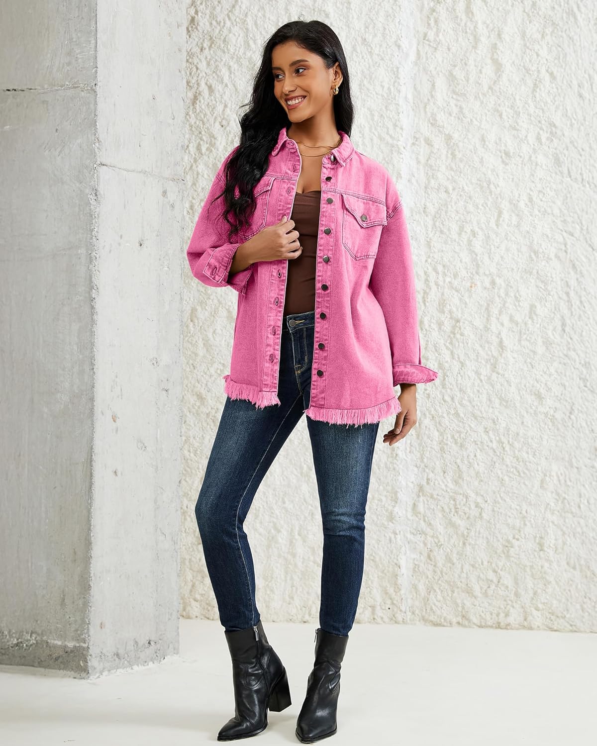 LookbookStore Jean Jacket Women Trendy Oversized Button Down Long Sleeve Frayed Hem Denim Shirt Jackets Distress Shacket