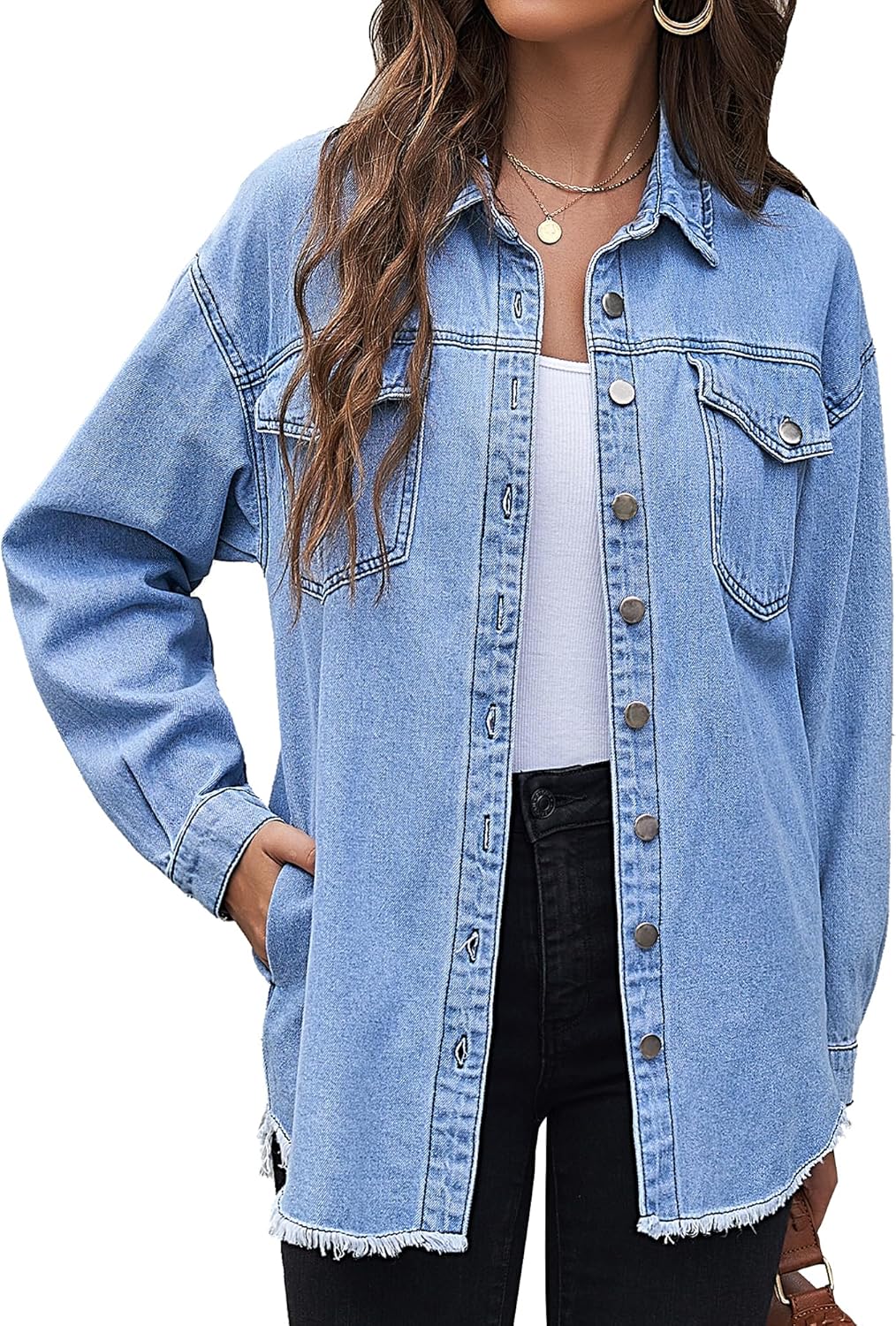 LookbookStore Jean Jacket Women Trendy Oversized Button Down Long Sleeve Frayed Hem Denim Shirt Jackets Distress Shacket