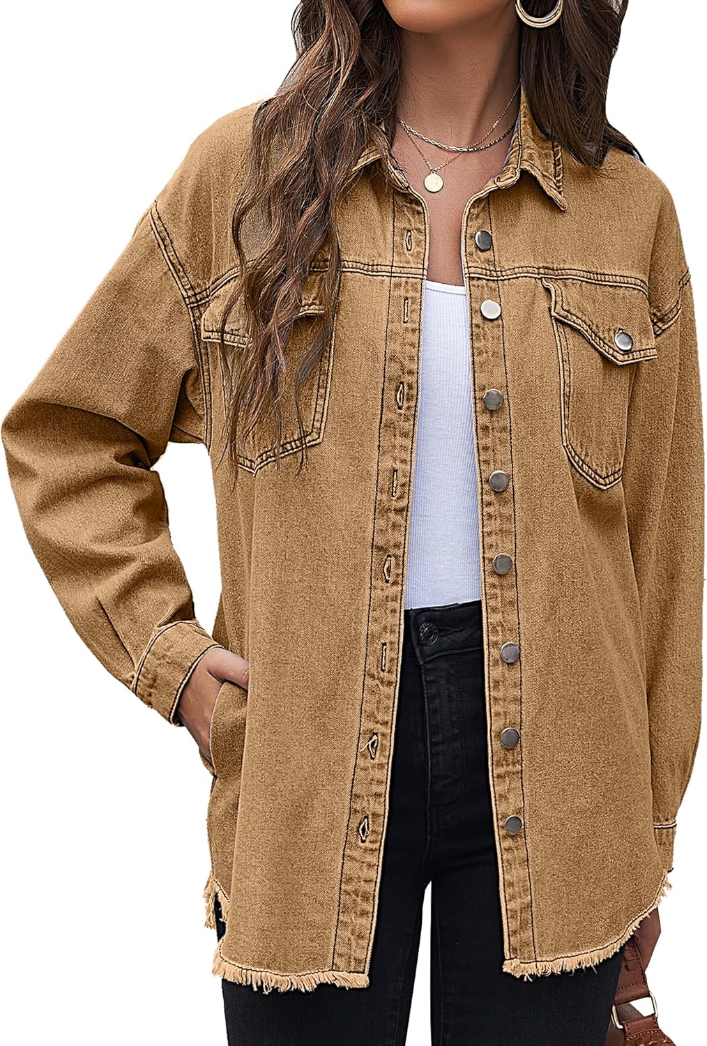 LookbookStore Jean Jacket Women Trendy Oversized Button Down Long Sleeve Frayed Hem Denim Shirt Jackets Distress Shacket