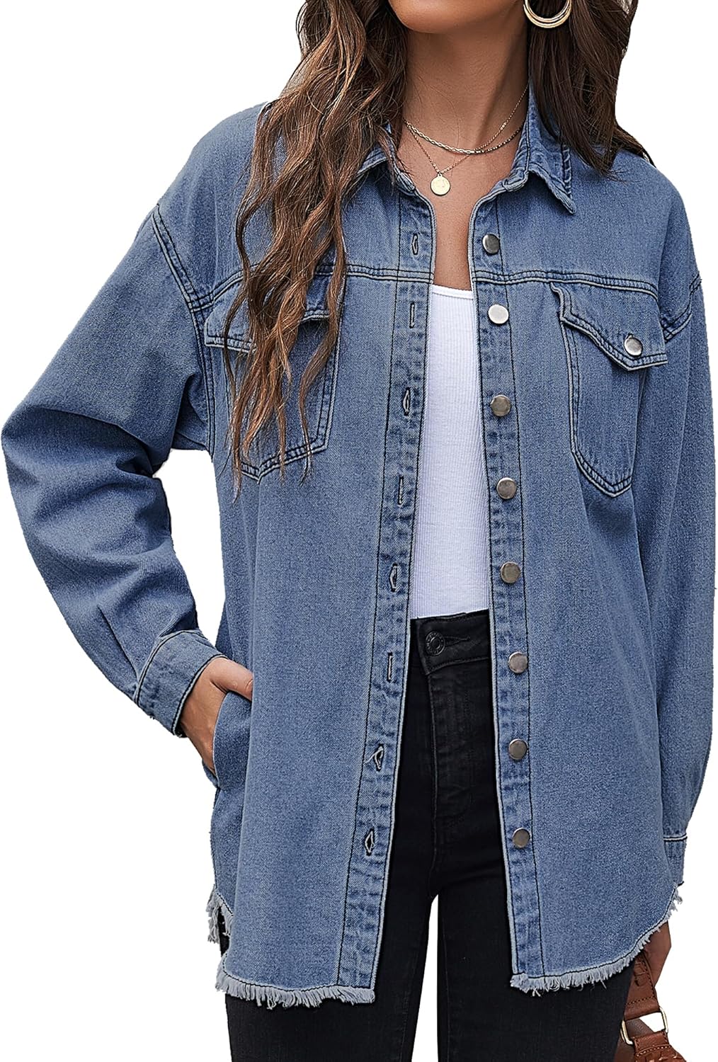 LookbookStore Jean Jacket Women Trendy Oversized Button Down Long Sleeve Frayed Hem Denim Shirt Jackets Distress Shacket