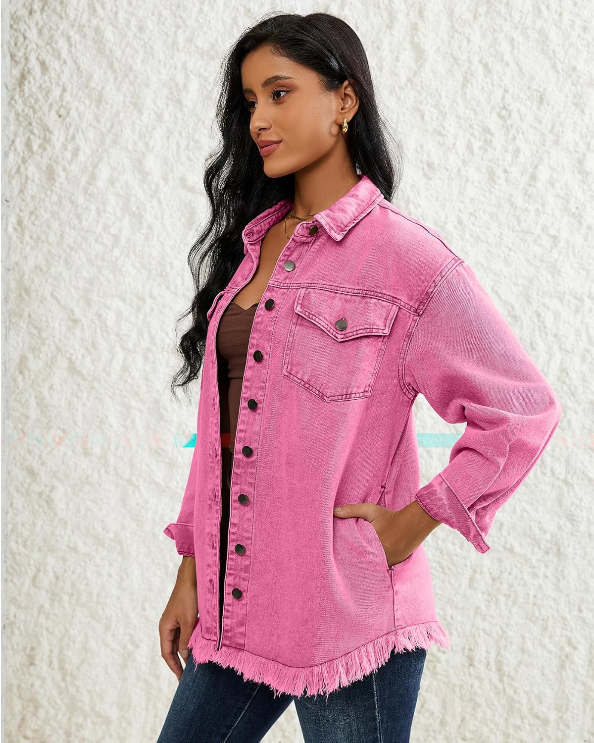 LookbookStore Jean Jacket Women Trendy Oversized Button Down Long Sleeve Frayed Hem Denim Shirt Jackets Distress Shacket