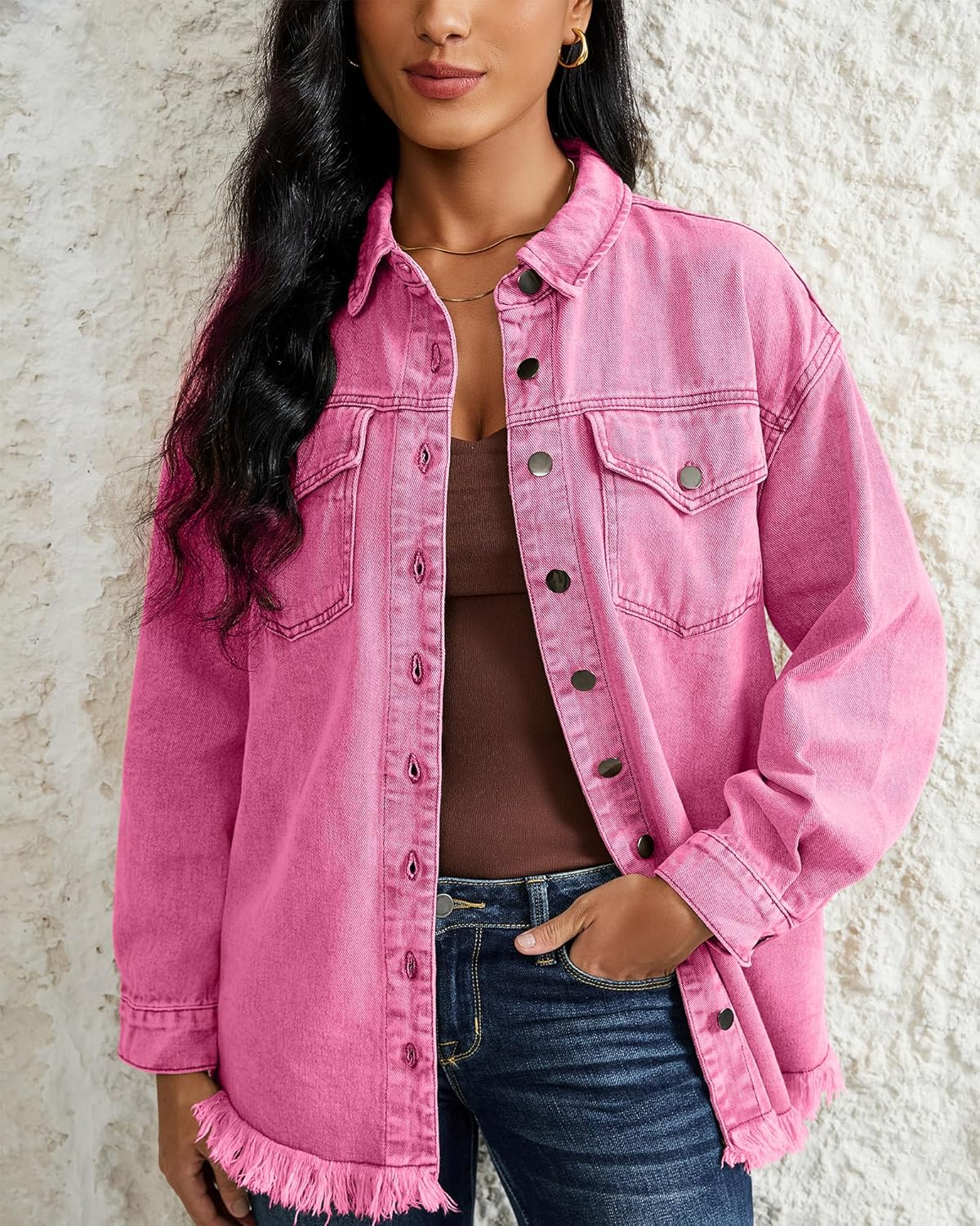 LookbookStore Jean Jacket Women Trendy Oversized Button Down Long Sleeve Frayed Hem Denim Shirt Jackets Distress Shacket
