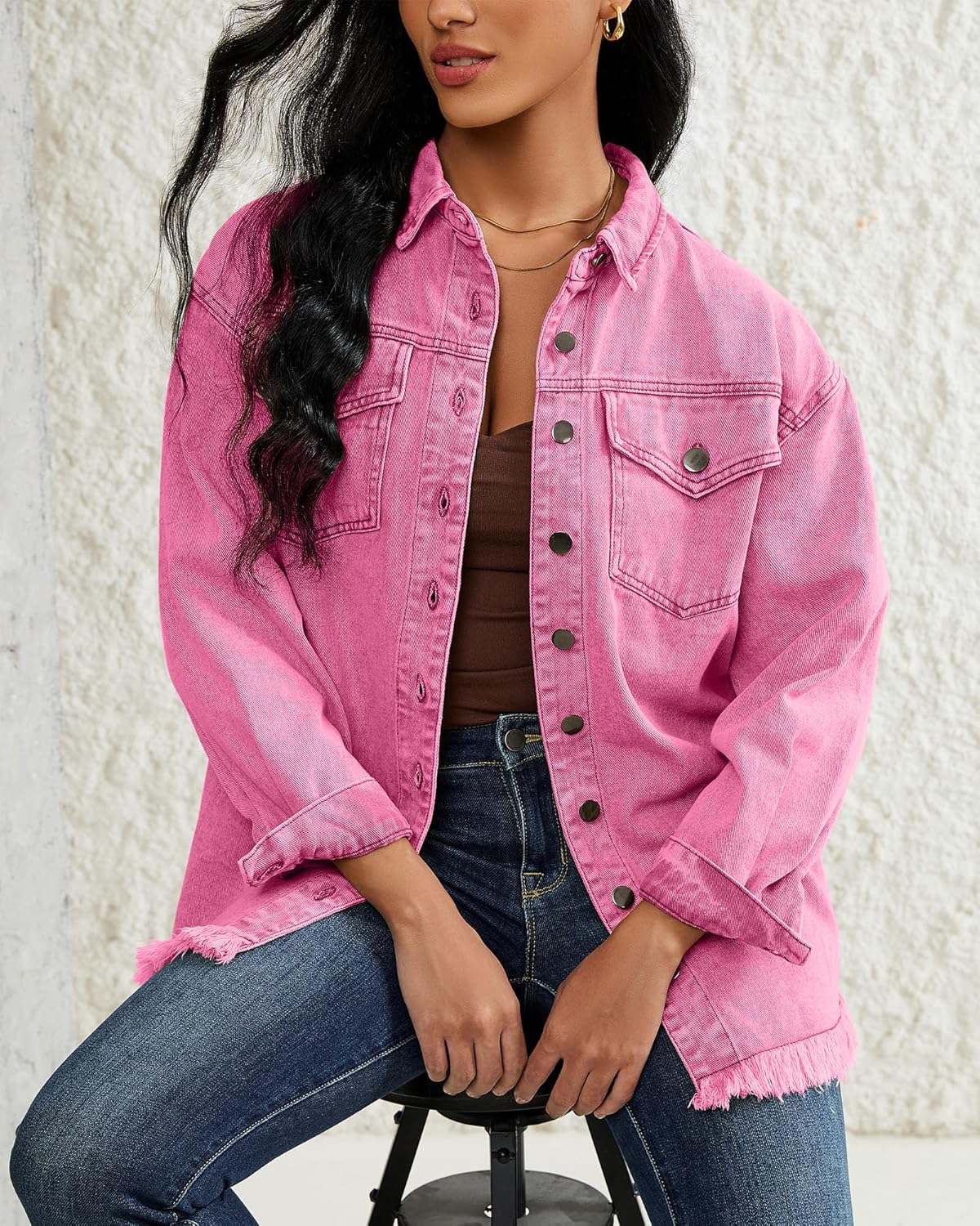 LookbookStore Jean Jacket Women Trendy Oversized Button Down Long Sleeve Frayed Hem Denim Shirt Jackets Distress Shacket