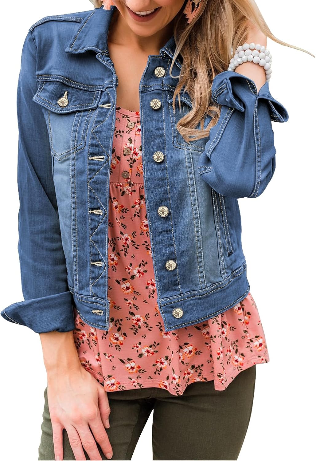 LookbookStore Women’s Basic Long Sleeves Button Down Fitted Denim Jean Jackets