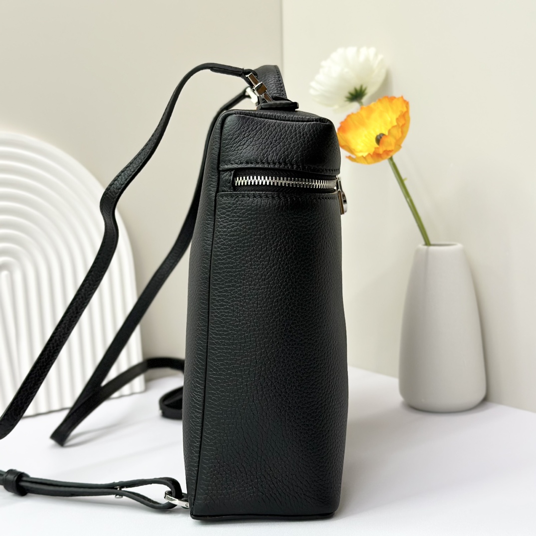 Loro Piana Black Extra Pocket L23.5 Backpack in Calfskin Leather for Women