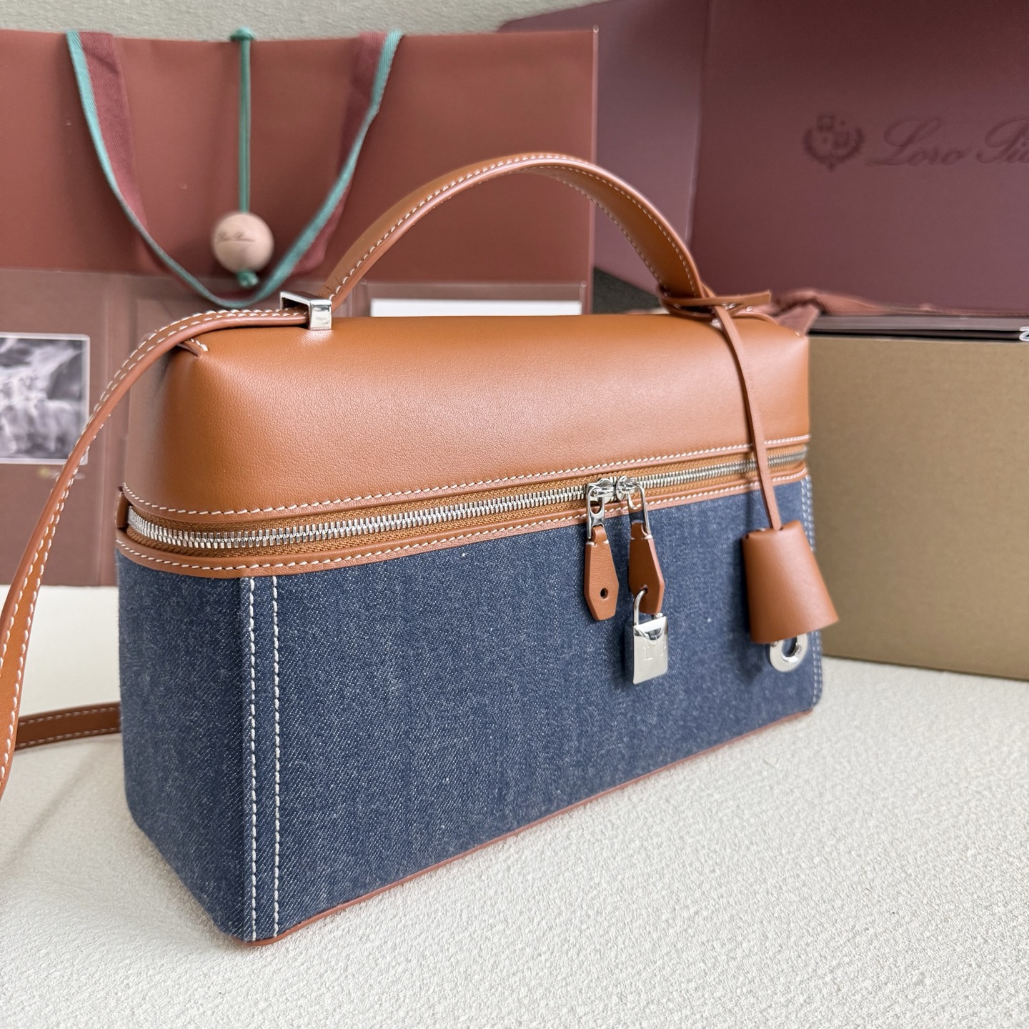 Loro Piana Extra Bag L27 Cotton SURGE BLUE/ WHEAT BRAN/