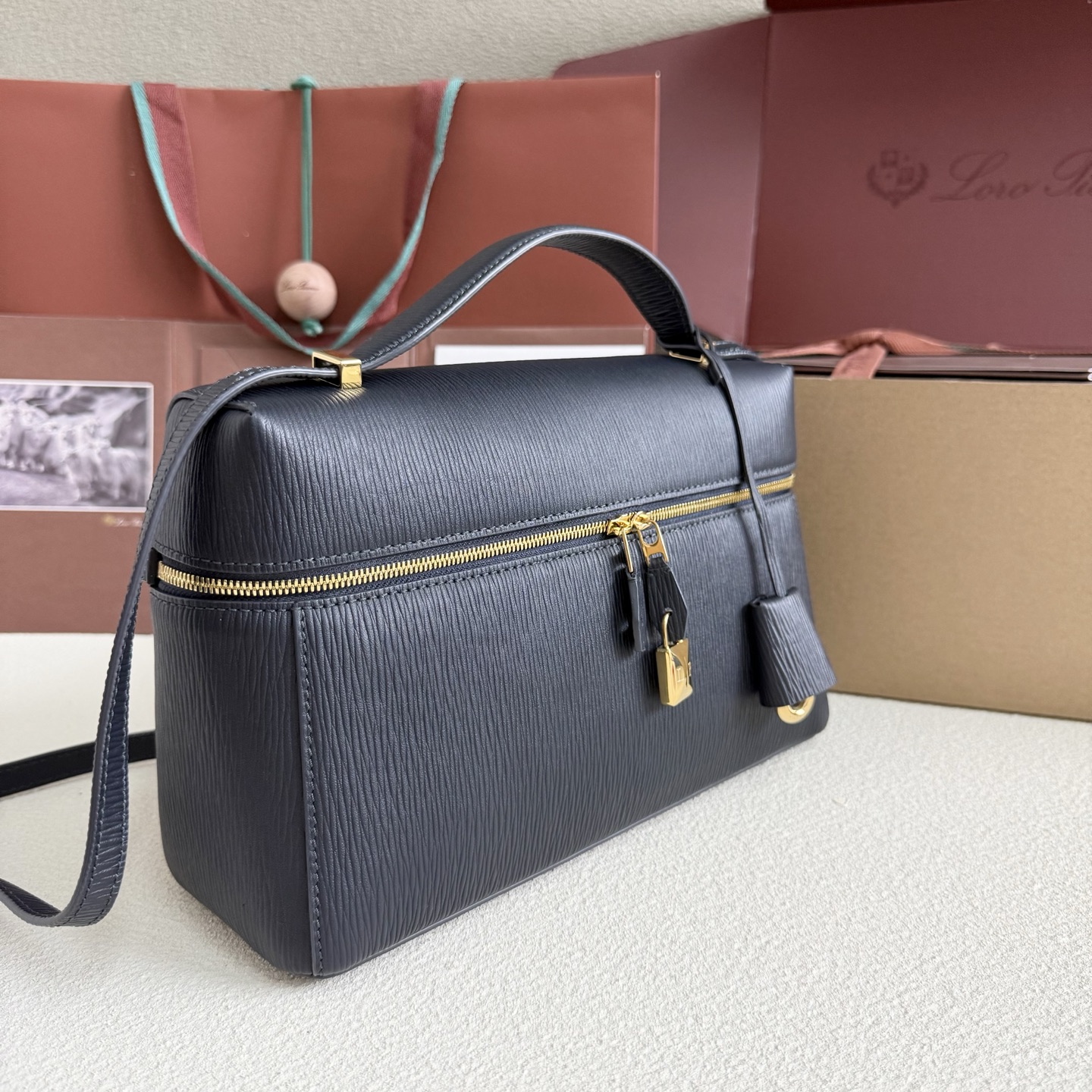 Loro Piana Extra Bag L27 Ox Leather Blue Navy/Sun Gold | Loro Piana US