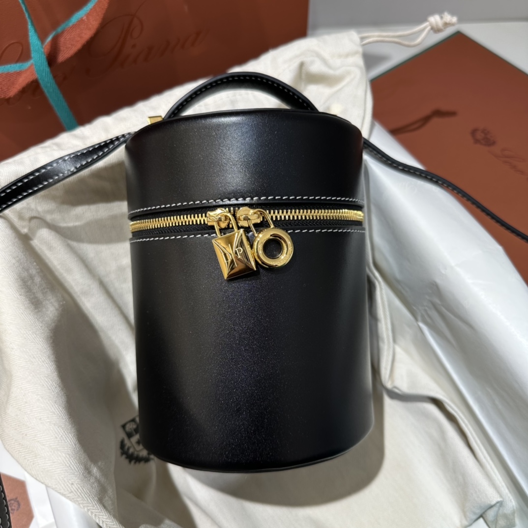 Loro Piana Extra Case Medium Saddle Leather Bucket Bag In Black