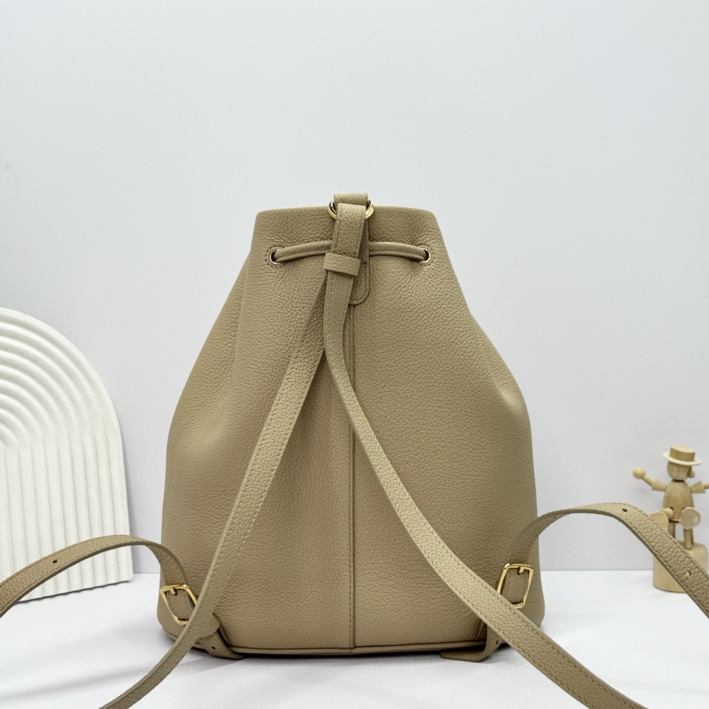 Loro Piana Extra Drawstring backpack L27 Calfskin Light Mastic/Sun Gold