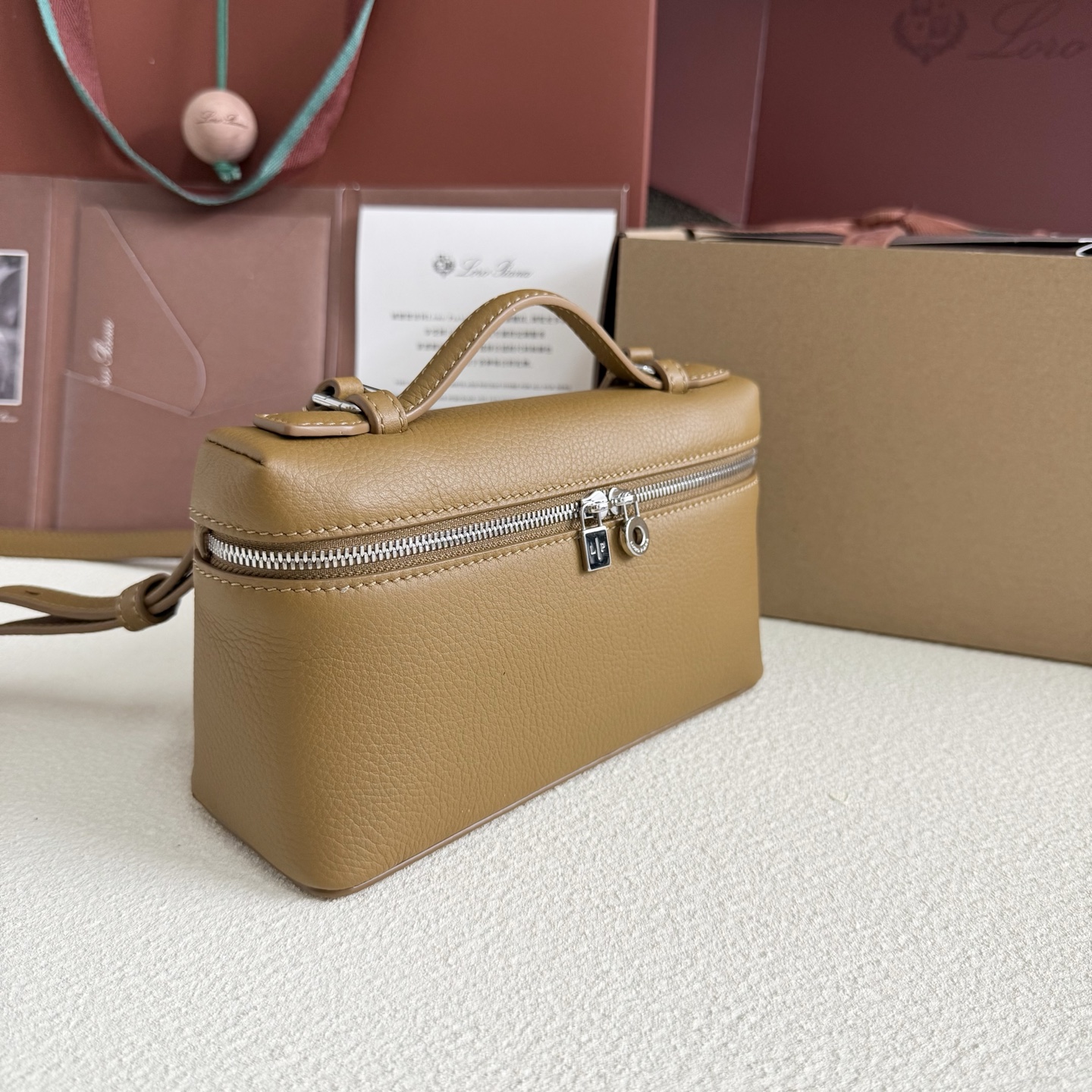 Loro Piana Extra Pocket L19 Leather Pouch In Warm Mastic  Loro Piana