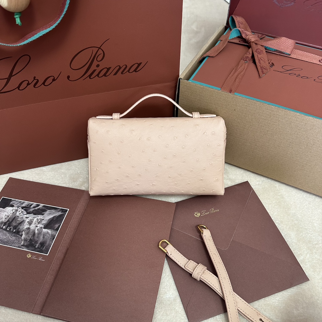 Loro Piana Extra Pocket L19 Pouch Beige  pink Ostrich Gold ...