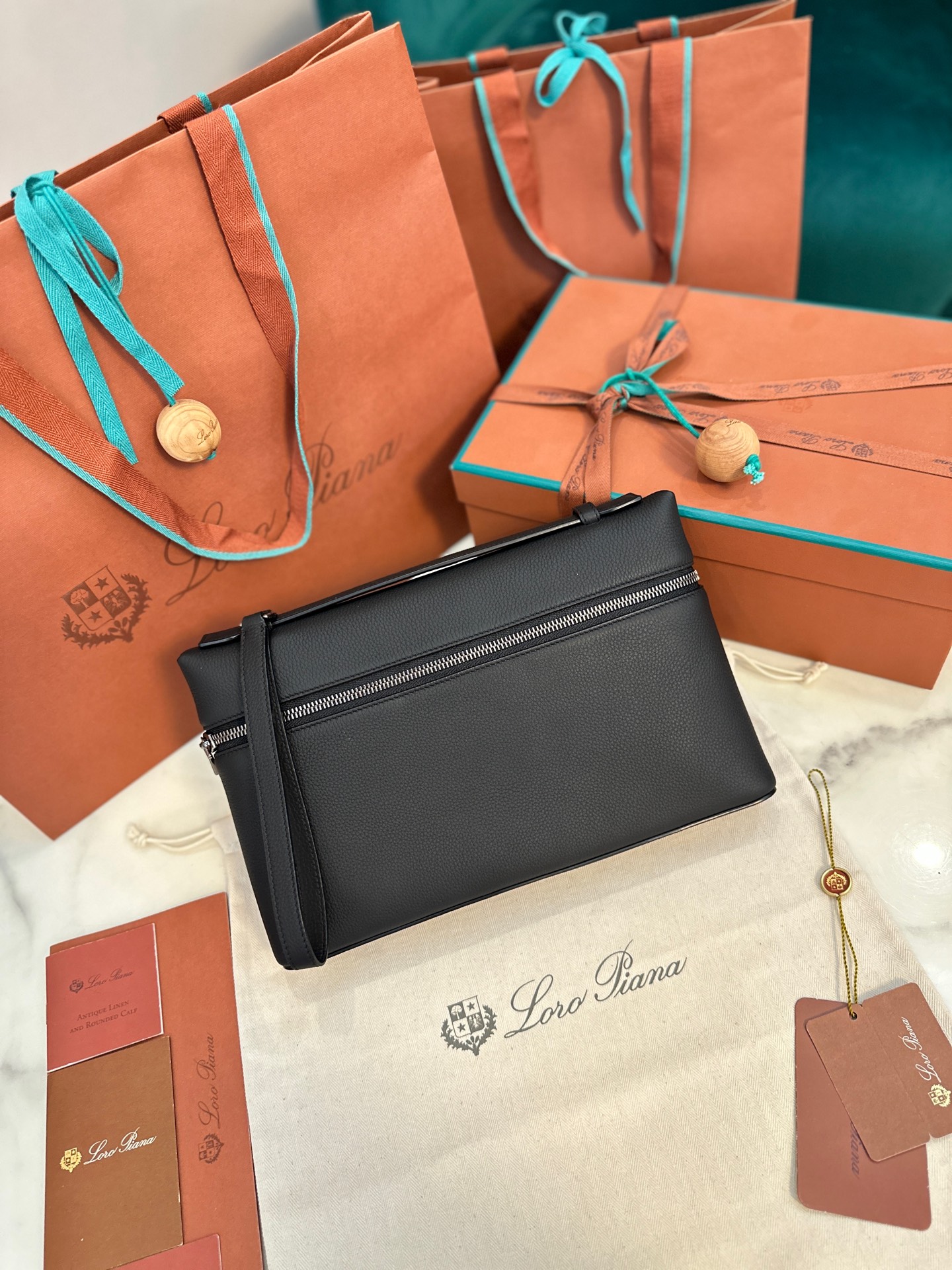 LORO PIANA Grained Calfskin Extra Pocket Pouch L29 black