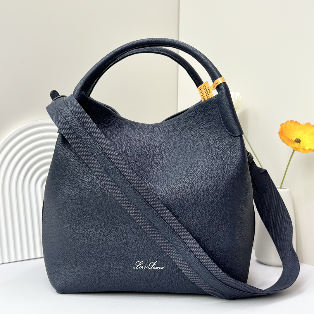 LORO PIANA Grained Calfskin Large Bale Bag Navy Blue
