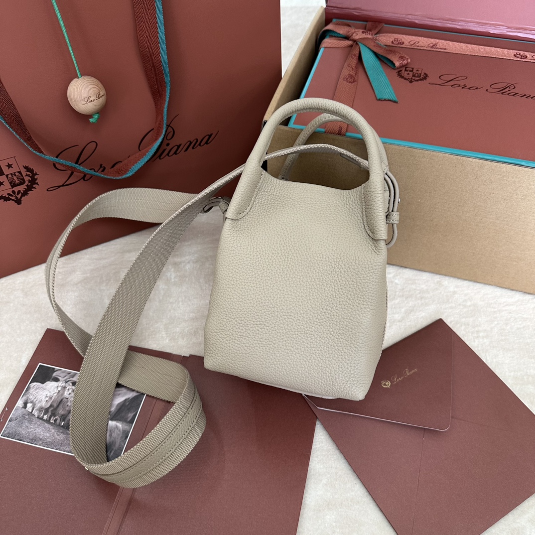 LORO PIANA Grained Calfskin Small Bale Bag Dust Stone