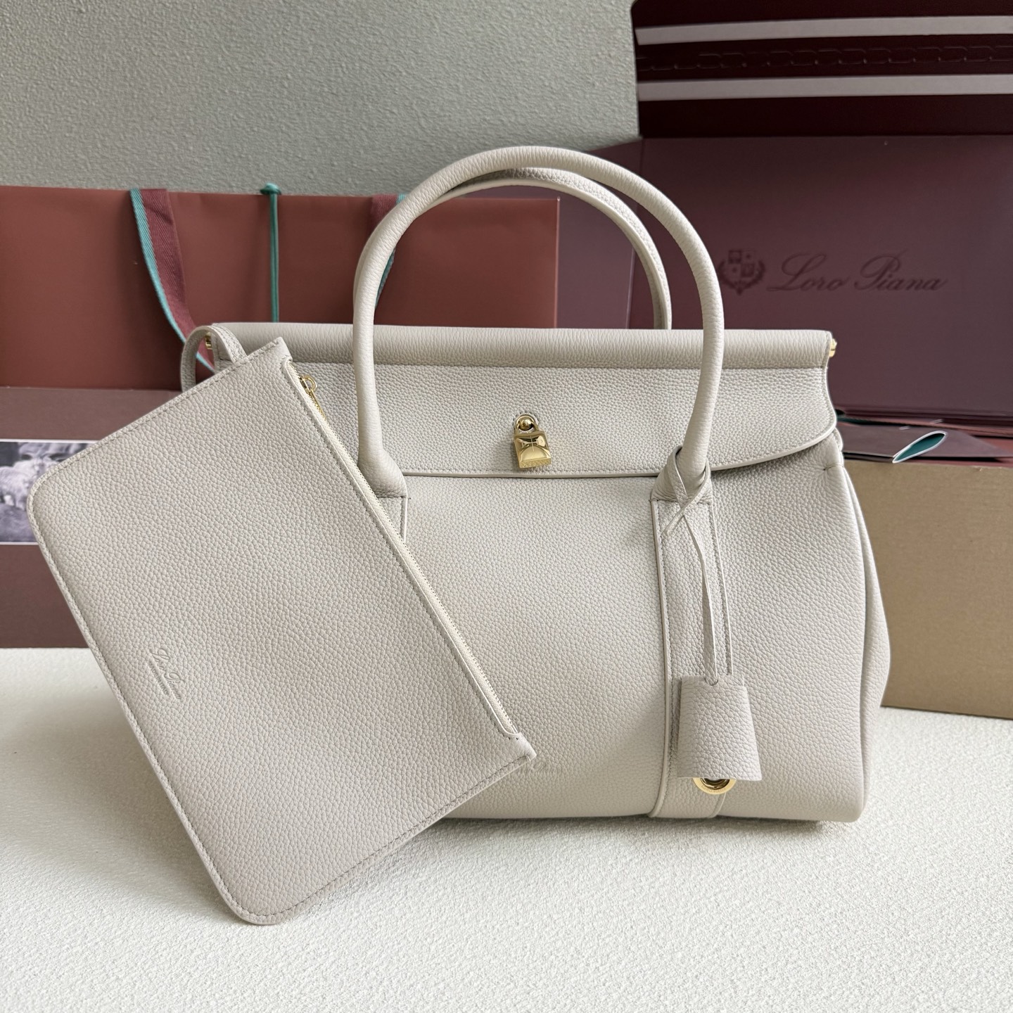 Loro Piana Loom bag L32 Grained Calfskin Light Travertine/Sun Gold | Loro