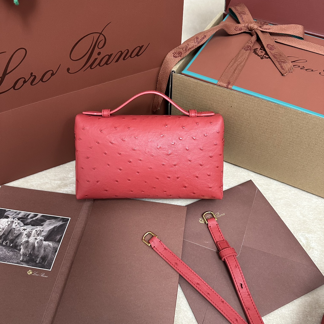 Loro Piana Pouch L19 Ostrich Leather Top-Handle Pouch Bag - red pink