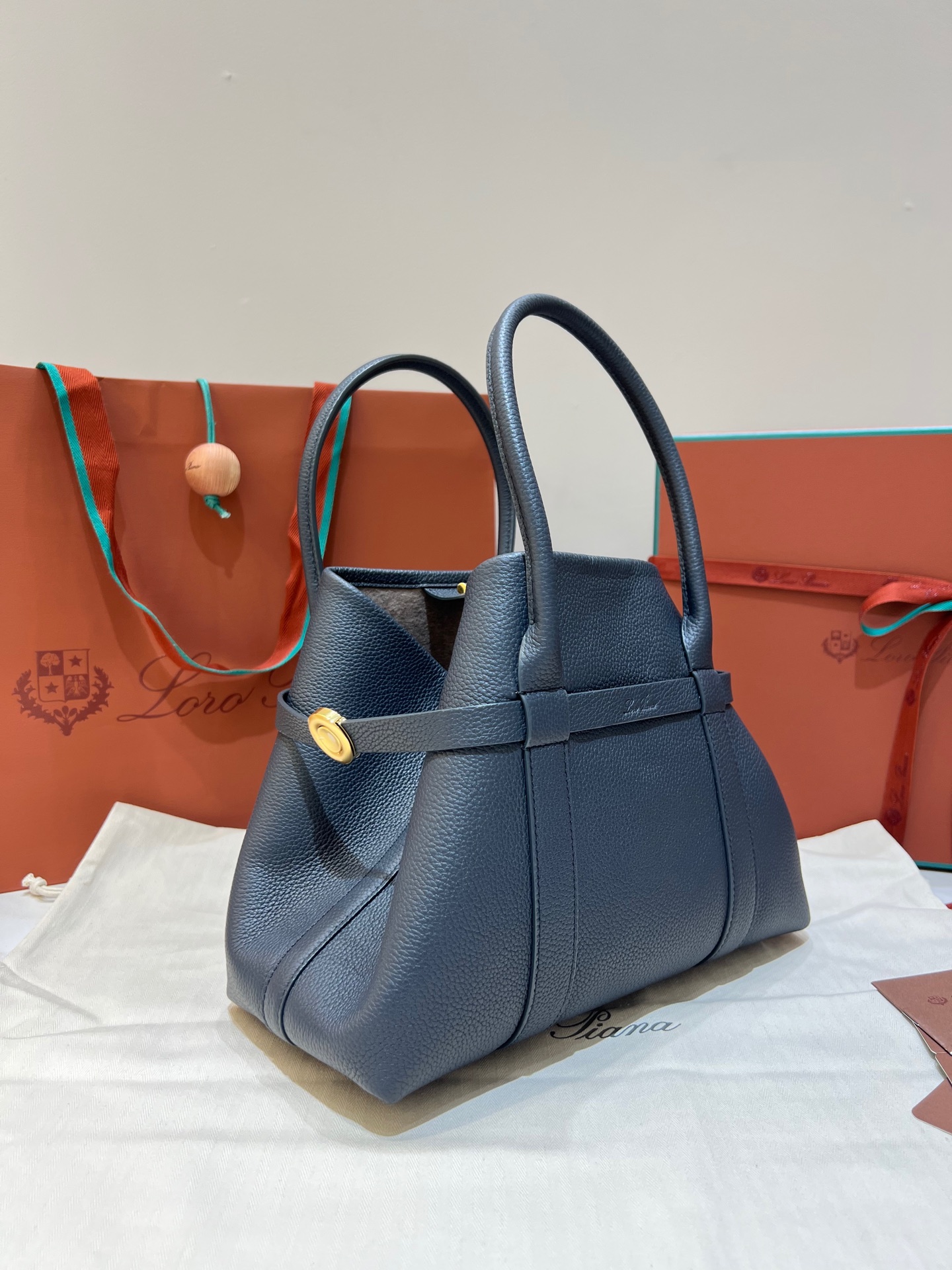 Loro Piana Small Ghiera Shopper Calfskin Blue Navy/Sun Gold | Loro Piana US