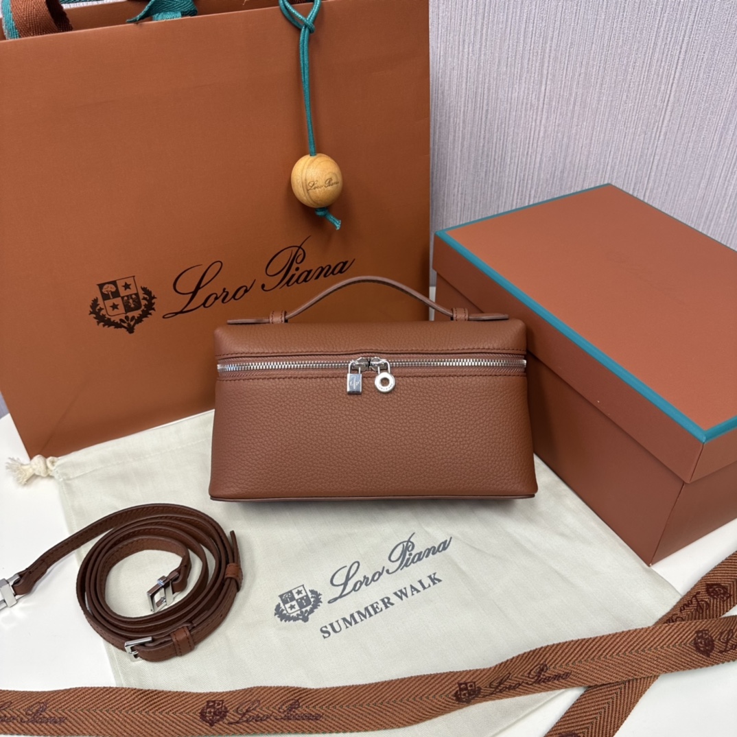 Loro Piana Women Extra Pocket Pouch L19 in Ostrich BAG BROWN Leather-Maroon Delvaux 02499