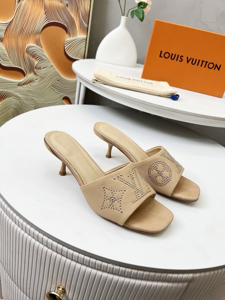 LV Beige Studded Mules - Designer Kitten Heel Slides
