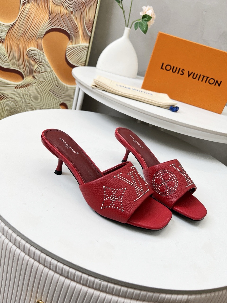LV Red Leather Studded Mules - Designer Kitten Heels
