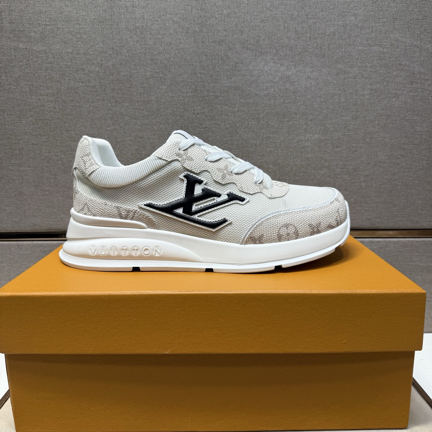 Louis Vuitton Beige and White Monogram Mesh Leather Sneakers