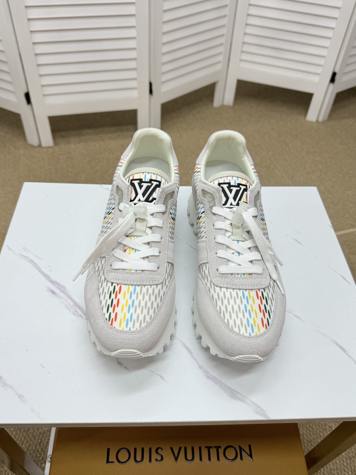 Louis Vuitton Beige Calfskin Sneakers with Multicolor Woven Detail