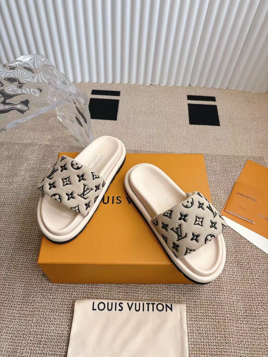 Louis Vuitton Beige Monogram Fabric Slide Sandals