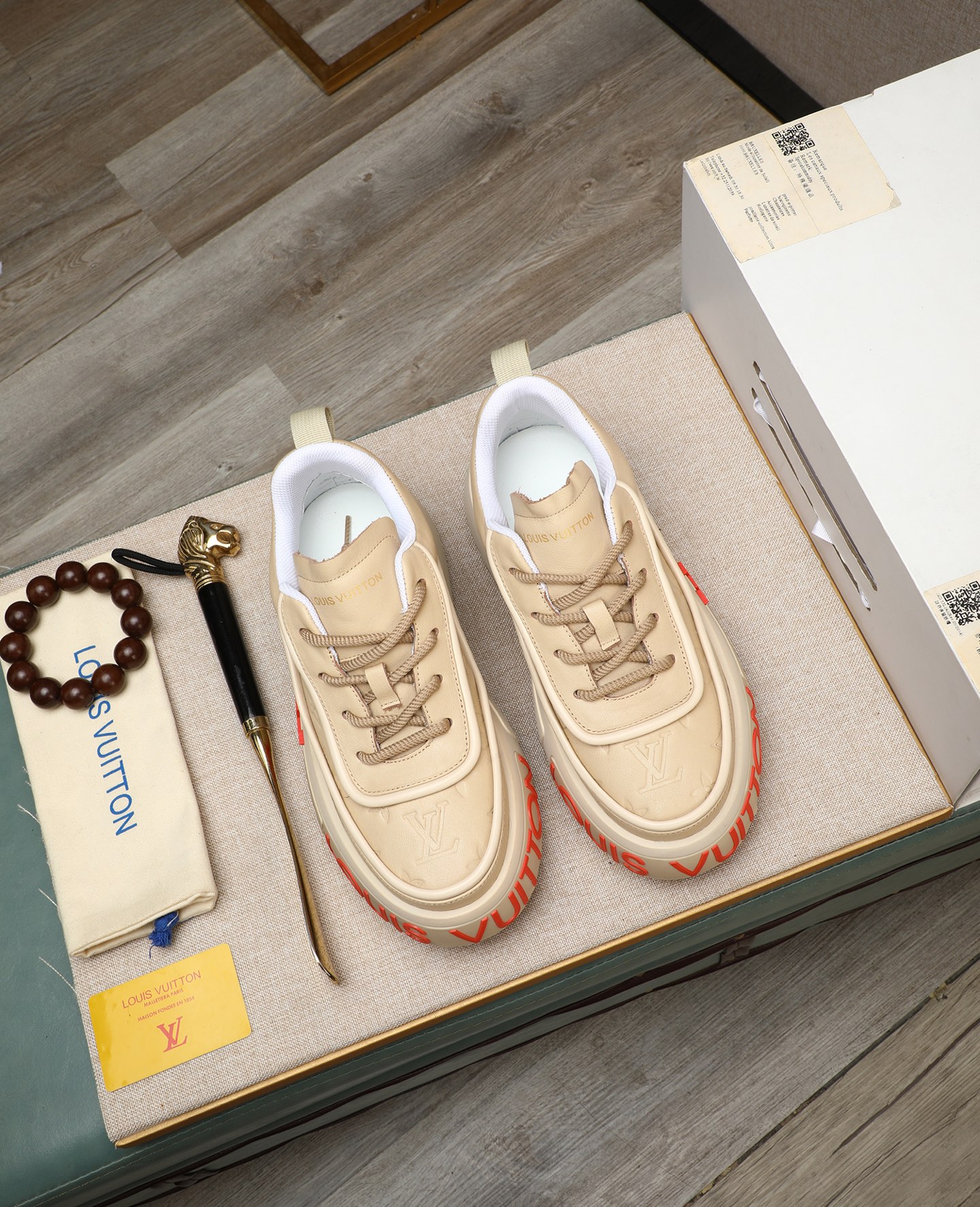 Louis Vuitton Beige Monogram Leather Sneakers with LV Logo â€“ Menâ€™s Luxury Shoes