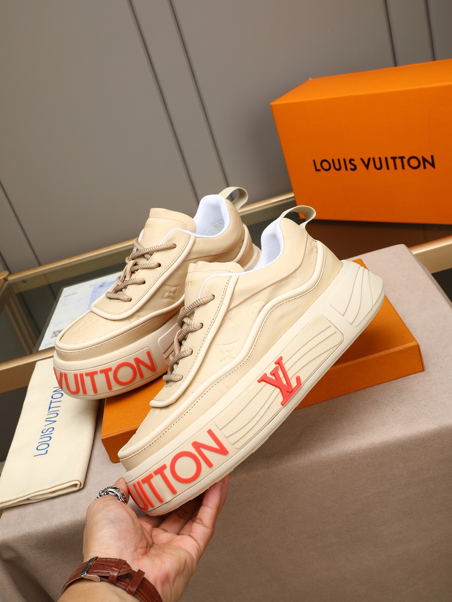 Louis Vuitton Beige Monogram Platform Leather Sneakers with Orange Logo