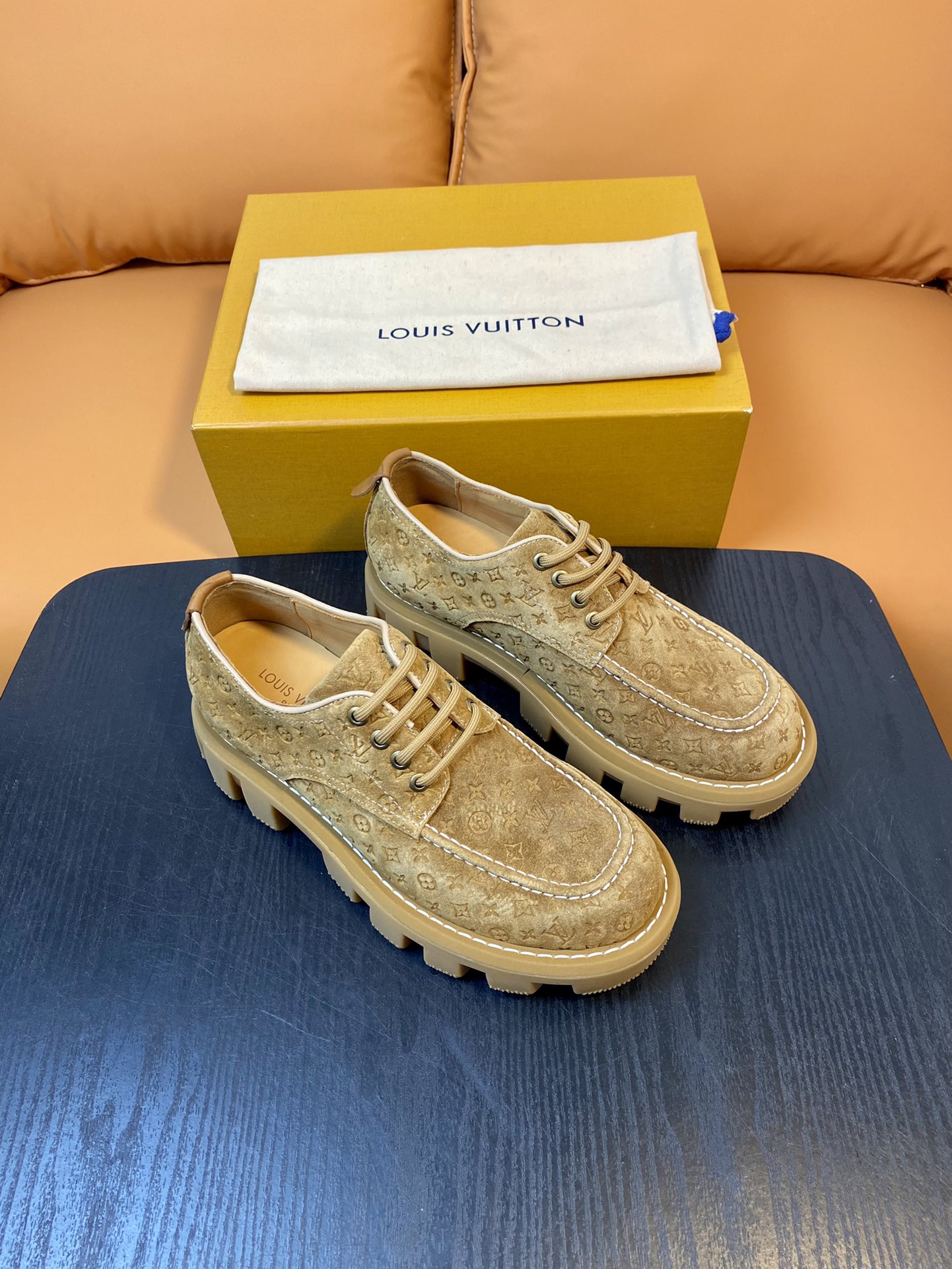 Louis Vuitton Beige Suede Leather Derby Shoes